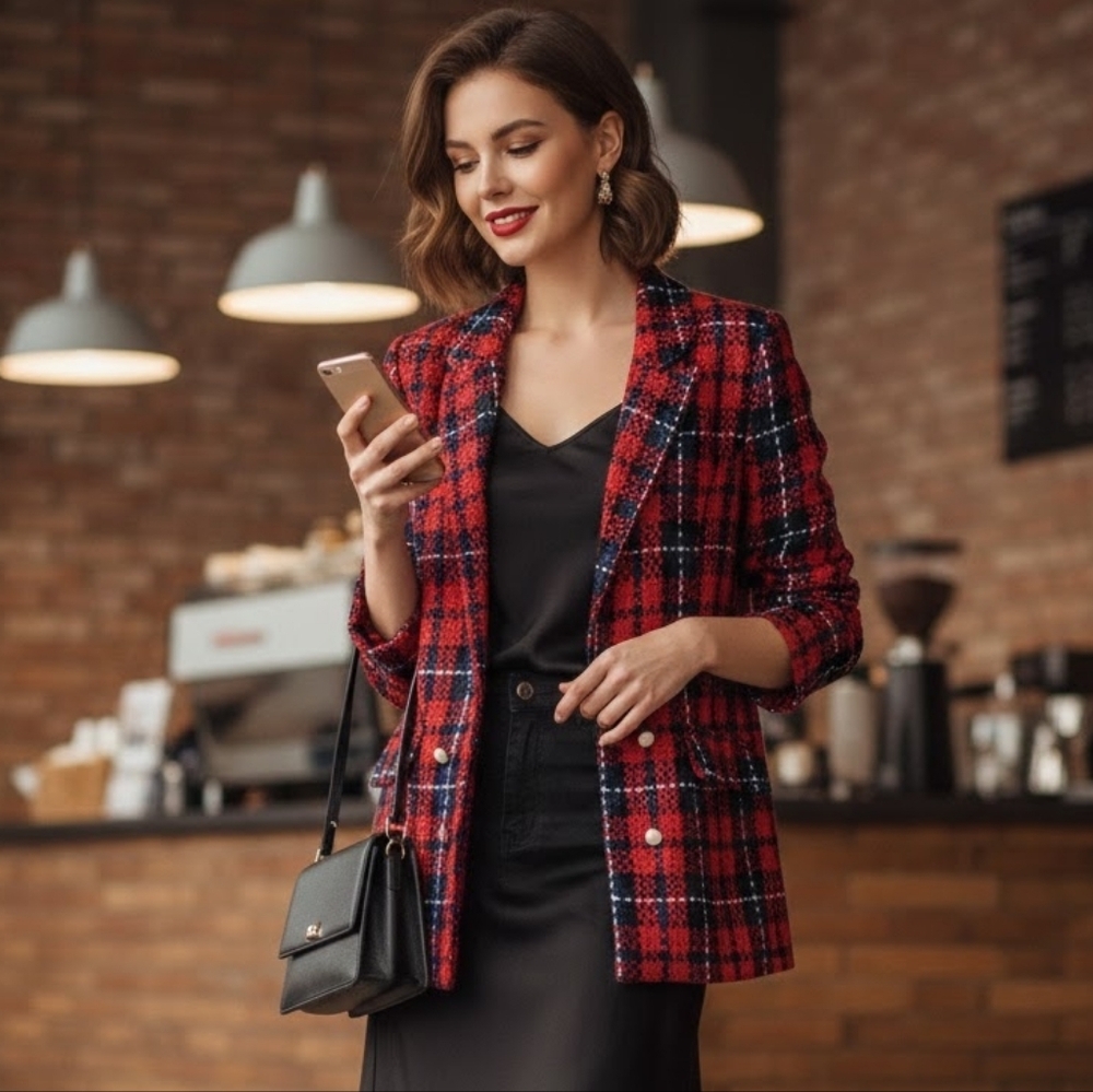 Autres Filled Tartan Woven Pearl Button Blazer Size 1X